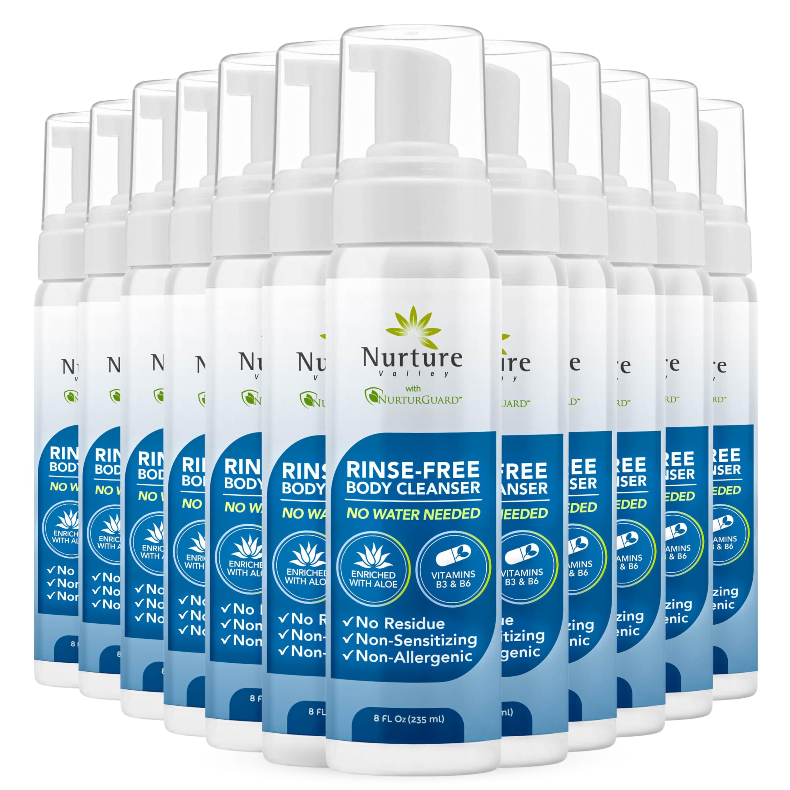 Nurture Rinse Free Waterless Foaming Cleanser | Women, Camping, Elderly & Hospital Care | Waterless Shower & Bath Wash w/Aloe for Sensitive Dry Skin