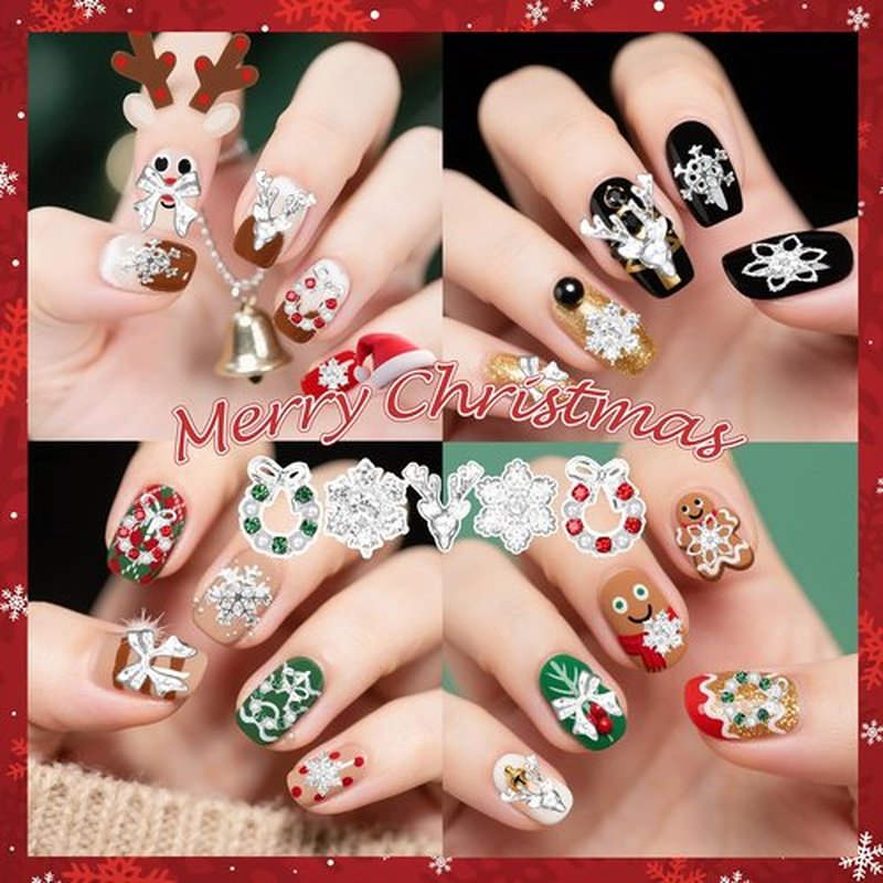 58 Pcs Christmas Nail Charms, Snowflake Bow Nail Charm, Wreath Elk Bow Silver Nail Charms, Xmas-Themed Alloy Silver Nails Art Charm for Christmas Nails DIY Design Craft