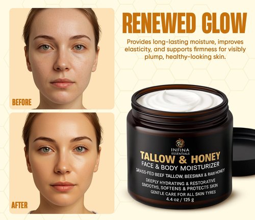 INFINA ESSENTIALS Beef Tallow for Skin with Raw Honey – Grass Fed Beef Tallow Face & Body Moisturizer - Balm Style Hydrating Cream with Beeswax & Olive Oil for Dry Skin, Hands & Feet – 4.4 oz