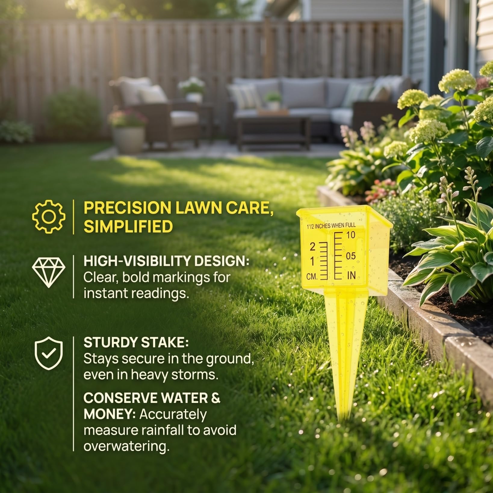 Housoutil 2Pcs Rain Gauge Sprinkler Outdoor, 1.5 Inch Lawn Water Gauge, Measuring Tool for Accurate Rainfall Monitoring, Yellow Precision Measuring Cups for Garden Yard and Grass Watering