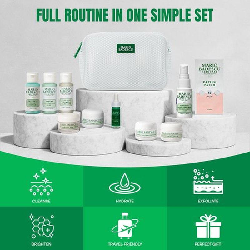 A Little Bit of Mario 10-Piece Skincare Kit – Vitamin C Serum, Glycolic Acid Toner, Hyaluronic Dew Cream, Collagen Mask, HOCI Spray & Cleanser – Brightening, Anti-Aging & Hydration – Travel & Gift Set