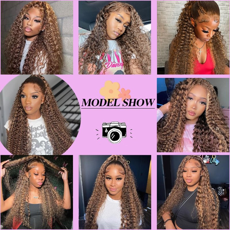 ZZMDS 26 Inch 13x6 4/27 Highlight Deep Wave Lace Front Wigs Human Hair 220 Density Ombre Colored HD Transparent Deep Curly Lace Frontal Wigs Pre Plucked with Baby Hair for Women