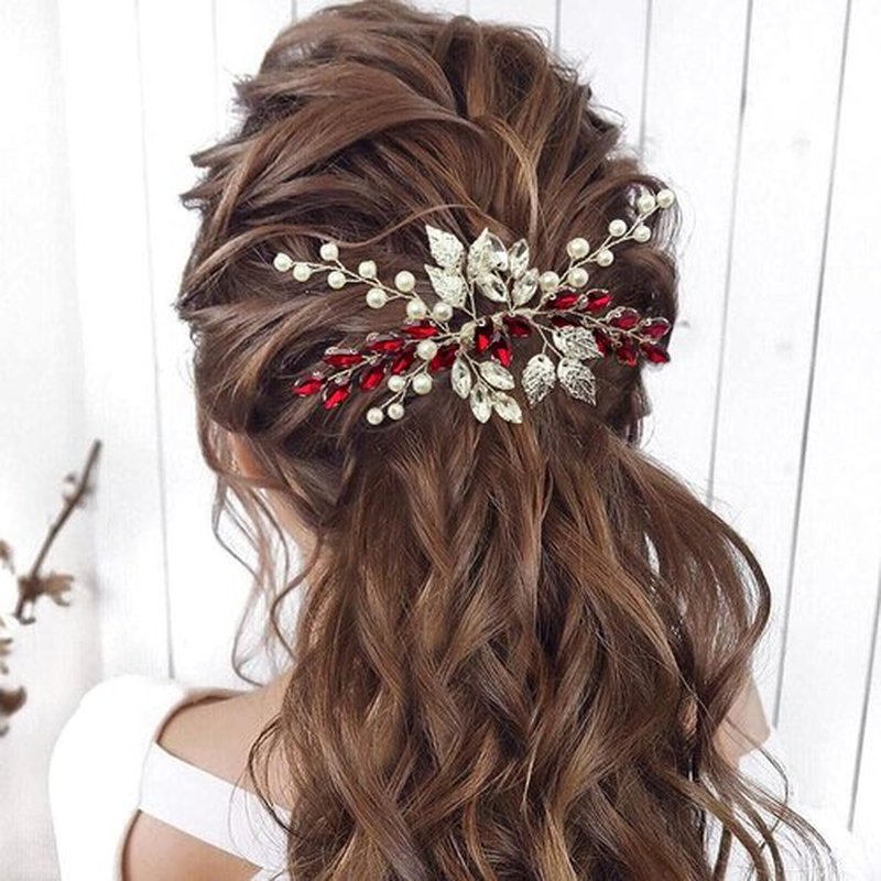 Bride Wedding Hair Comb Crystal Rhinestone Pearls Silver Leaf Hair Piece Accessories for Women Girls Homecoming Party (Red)