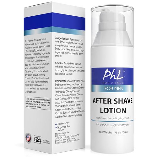 PHL Naturals Unscented Aftershave for Men - Fragrance-Free, Alcohol-Free Lotion for Sensitive Skin - Soothes Razor Burn, Moisturizes - 1.75 oz