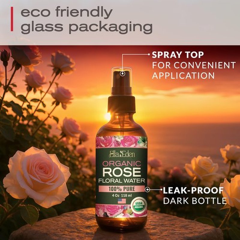 Ella & Eden Organic Rose Water Spray for Face, Hair - Hydrating, Refreshing Face Mist - USDA Certified 100% Pure Steam Distilled Hexane-Free - 4 Fl Oz