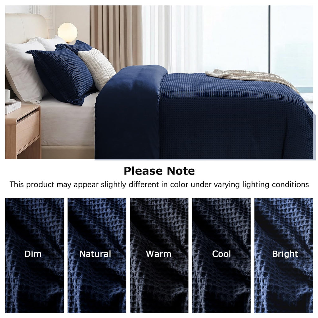 Easthome Waffle Weave Cotton Duvet Cover King Size - 100% Cotton Duvet Cover Set for All Season, Textured PureWoven Breathable Bedding Sets 3 Pcs with 2 Pillow Shams, Zipper, 4 Conner Ties,Navy Blue
