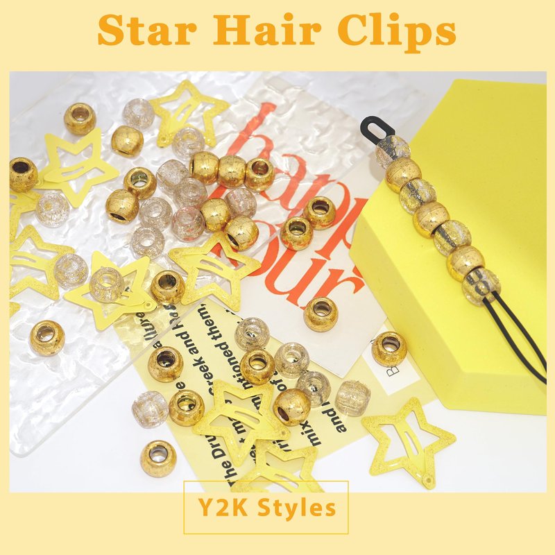 YAEISM Gold Hair Beads for Braids 100PCS Acrylic Loc Dreadlock Large Pony Beads Bling Star Hair Clips Cute Y2K Hair Accessories for Women Girls
