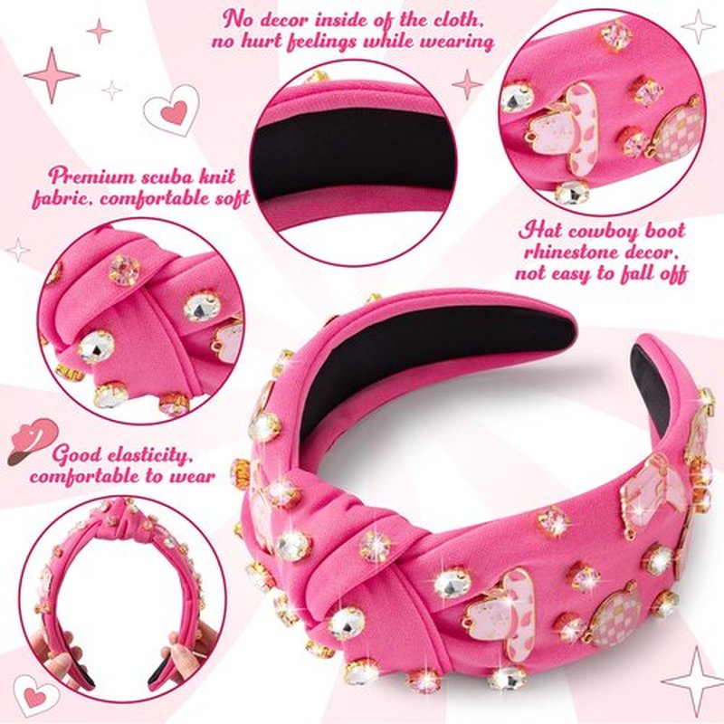 PANTIDE Western Jeweled Knotted Headband - Cowgirl Boots Hat Rhinestone Crystal Embellished Headband Wide Top Knot Fashion Hairband Hair Accessories Birthday Gift for Cowboy Women Girls (Hot Pink)