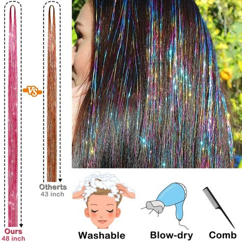 Hair Tinsel Kit (48 Inch, 24 Colors, 6000 strands), Tinsel Hair Extensions with Tools, Heat Resistant Glitter Hair Tinsel Kit for Women Hair Accessories