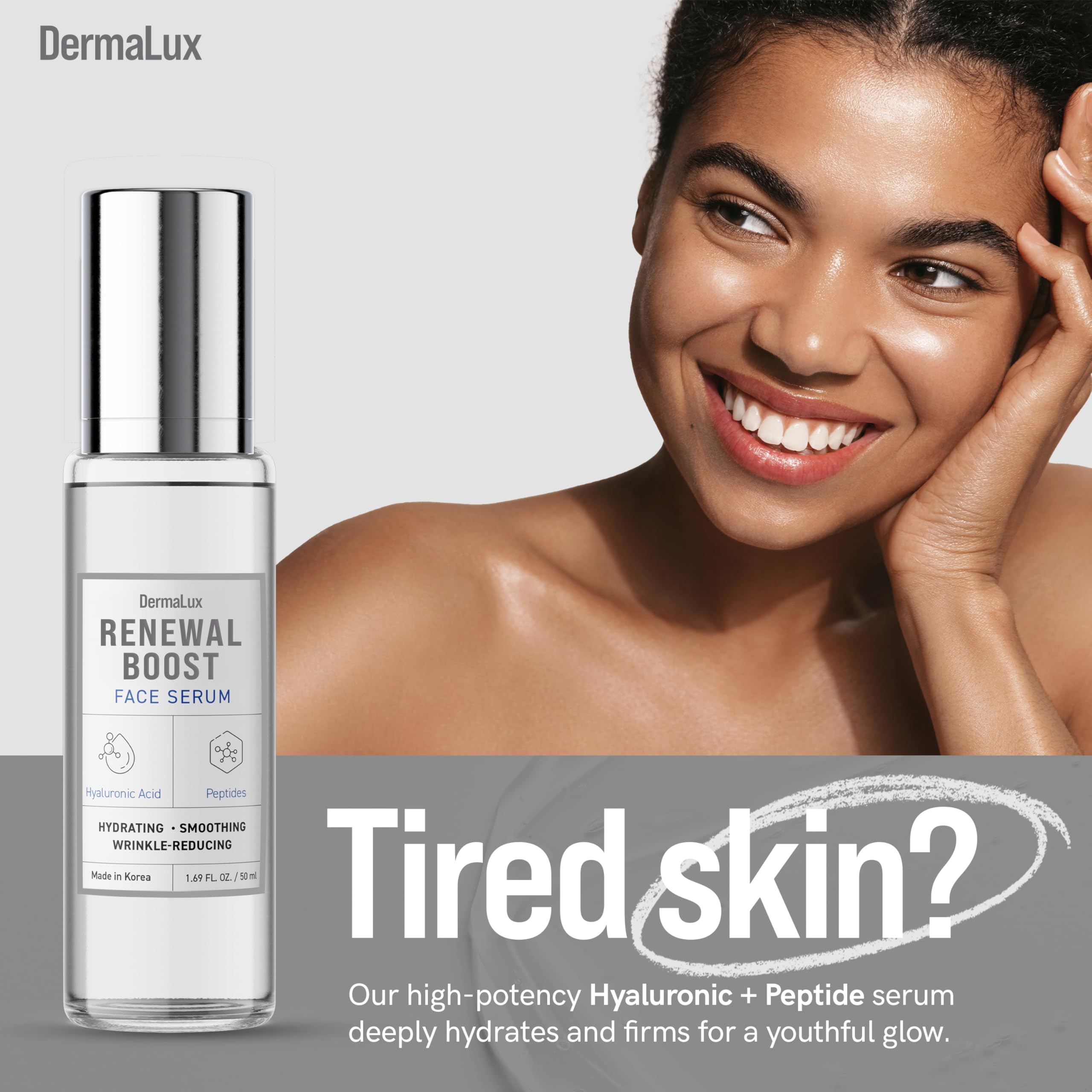 DermaLux Hyaluronic Acid & Peptides Face Serum - Dermatologist Tested, Anti-Aging, Korean Skin Care, Hydrates Smooths Firms – Clean Vegan Beauty for Dry Sensitive Skin – 1.69 Fl Oz
