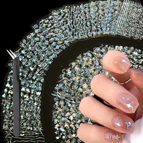 3000Pcs 60 Sheets Silver Nail Art Stickers Silver Aurora Nail Stickers Decals 3D Self-Adhesive Star Flower Nail Decals for Women Girls Salon Home DIY Manicure Nail with Tweezers Included…