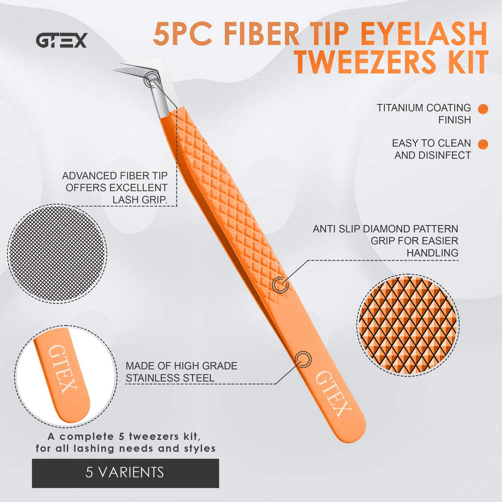 GTEX Fiber Tip Lash Tweezers For Eyelash Extension Set of 5, Professional Eyelash Tweezers For Lash Extensions - 90 45 Degree Curved Volume Tweezer Orange