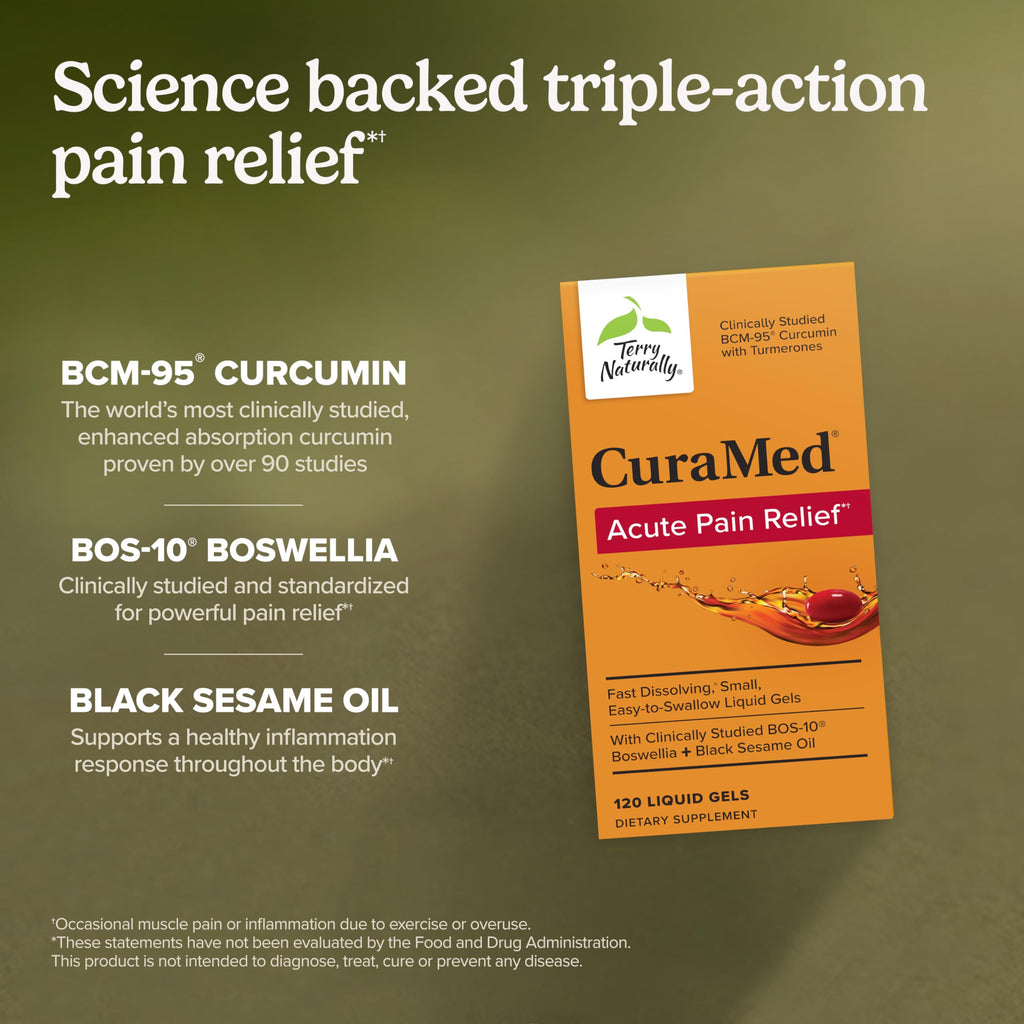 Terry Naturally CuraMed Acute Pain Relief - Supplement with BCM-95 Curcumin & BOS-10 Boswellia - Black Sesame Seed Oil to Support Relief of Occasional Discomfort - 120 Liquid Gels (Pack of 1)