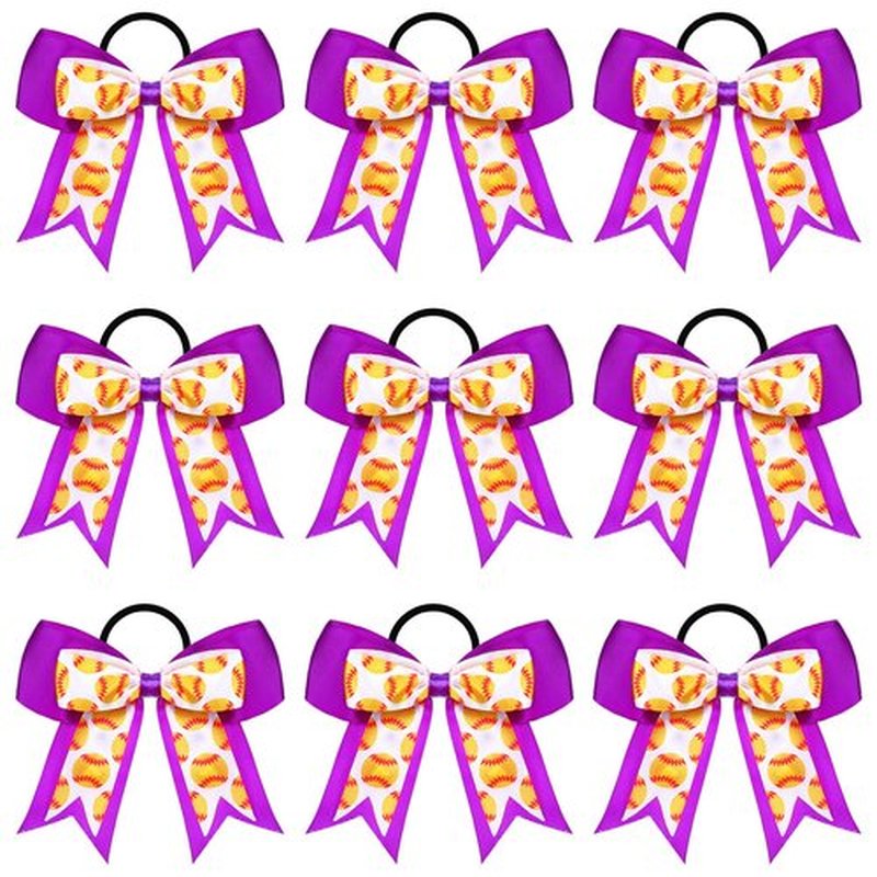 MTLEE 9 Pcs 5.1 Inch Purple Softball Ribbon Hair Bows Elastic Cheer Scrunchies Cheerleader Bows Volleyball Sports Ball Ponytail Holder Sport Hair Accessories for Girl Player