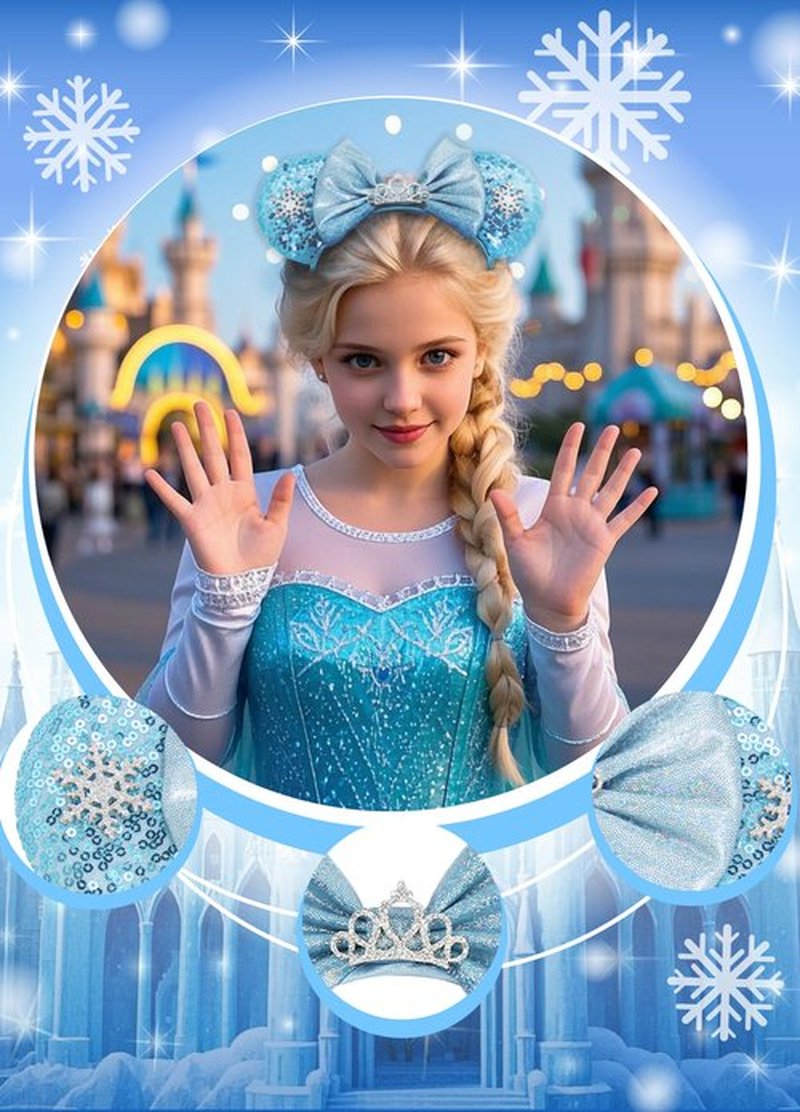 Snowflake Costume for Girls Adult Women Princess Dress up 4-6 Accessories Birthday Party Decorations Kids Favors Toys for Age 4-7 Mouse Ears Headband
