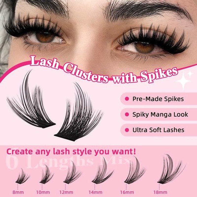 PROLASHBEAUTY Lash Clusters with Spikes 80D 100D Manga Lash Clusters Kit Spiky Eyelash Clusters Lash Bond and Seal Lash Remover Lash Tweezer Apply at Home(80D+100D, 8-18mix)