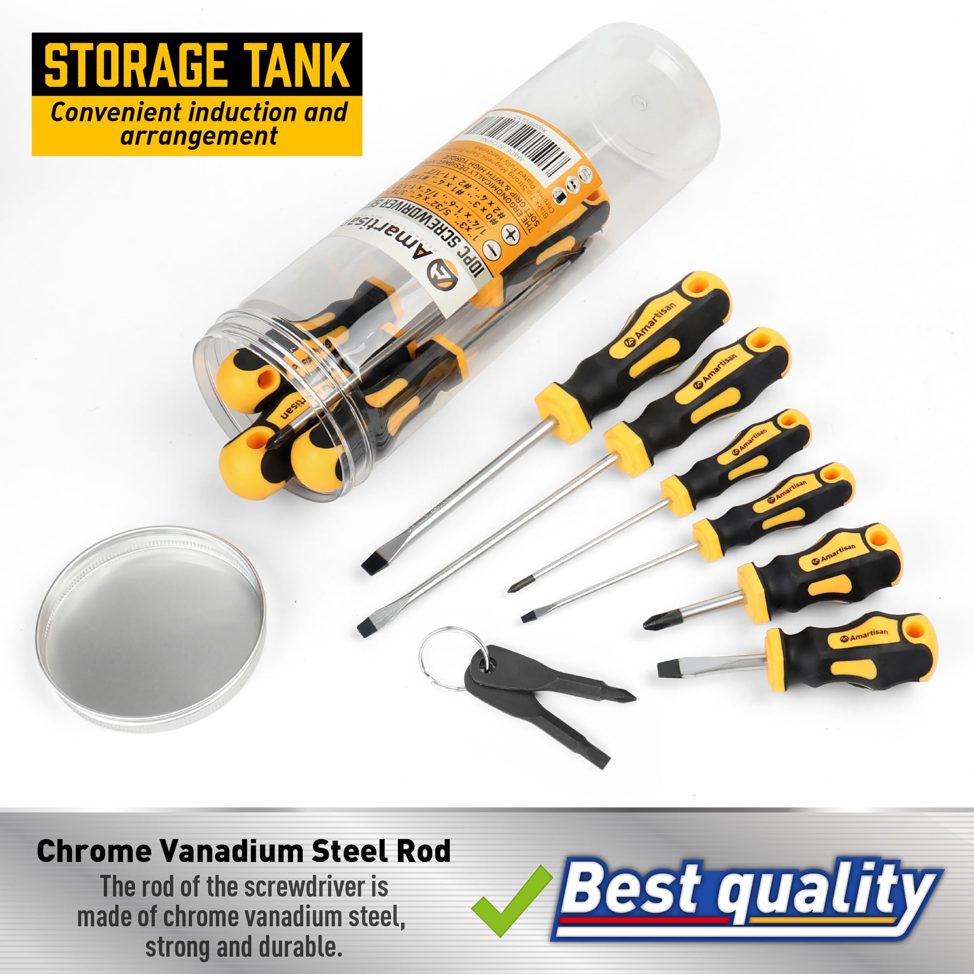 Amartisan 10-Piece Magnetic Screwdrivers Set, 5 Phillips and 5 Slotted Tips Professional Cushion Grip Screwdriver Set 2pcs Portable Multifunction Key Mini Screwdriver (Yellow)