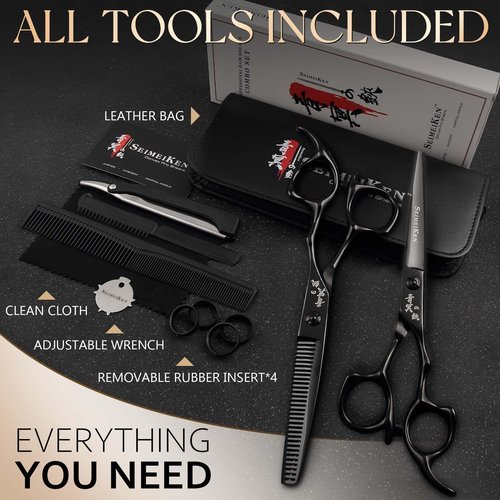 SEIMEIKEN 6" Black Hair Scissors Professional Hair Cutting Scissors and Thinning Shears - Japanese SUS440C Stainless Steel Hair Cutting Shears, Barber Shears - Hair Cutting Kit for Salon & Home Use