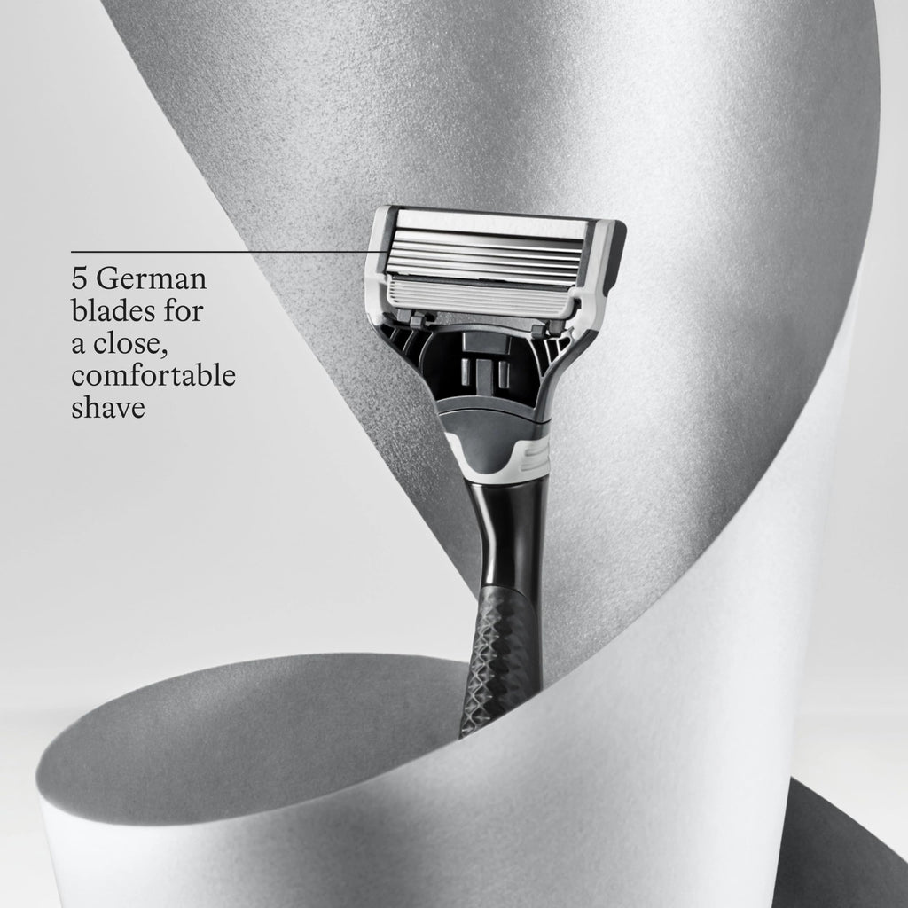 Harry's Original Shave Gift Set for Men - Black Metallic Handle + 3 Razor Blade Cartridges + Travel Blade Cover + 1 Foaming Shave Gel - German Engineered