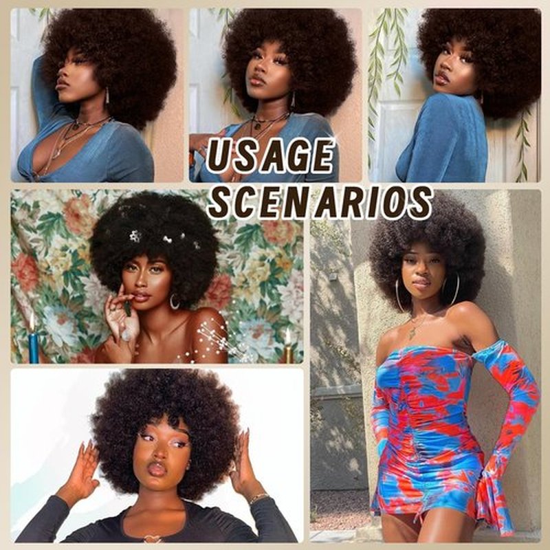 CURLCRAZY Afro Wigs for Black Women 70s Afro Kinky Curly Wig with Bangs Bouncy Huge Fluffy Puff Wigs Synthetic Hair for Cosplay Daily and Party 14Inch