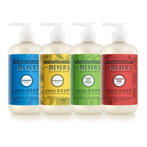 Mrs. MEYER'S CLEAN DAY Summer Hand Soap Set, includes Blueberry, Tomato Vine, Dandelion and Fresh Cut Grass