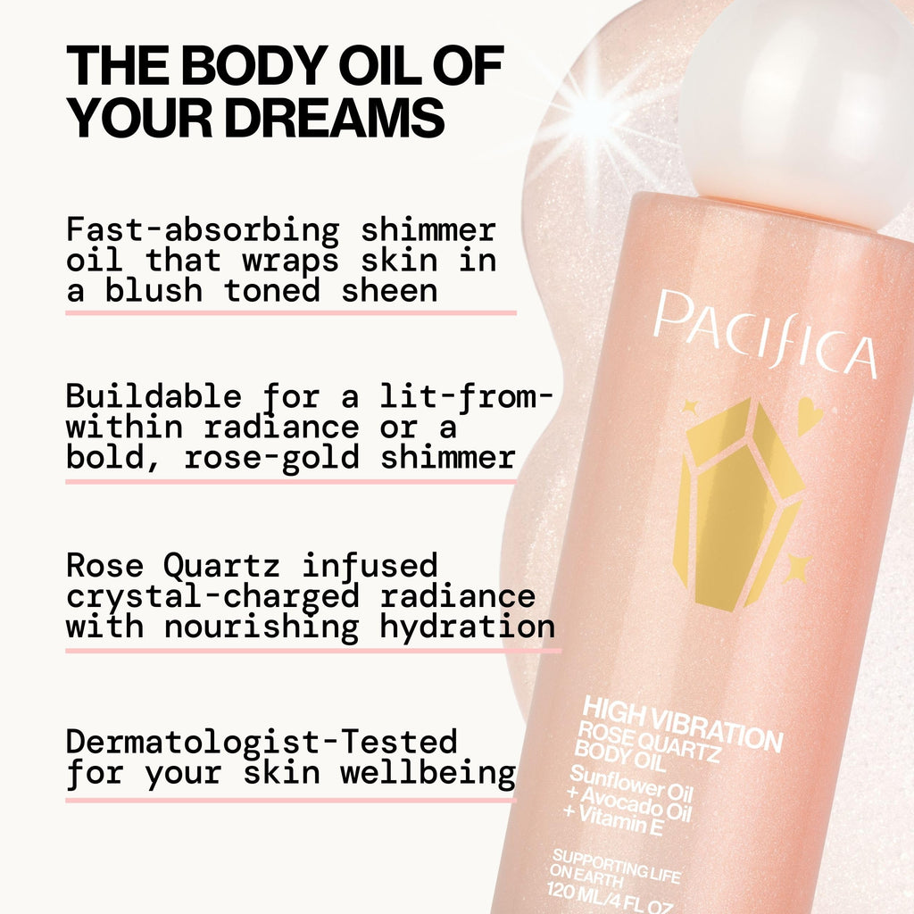 Pacifica Rose Quartz Body Oil – High Vibration Hydrating Body Oil with Natural Plant Oils & Rose Quartz Crystals, Moisturizing & Nourishing, Vegan & Cruelty-Free, Clean Beauty, Floral Scent, 4 oz