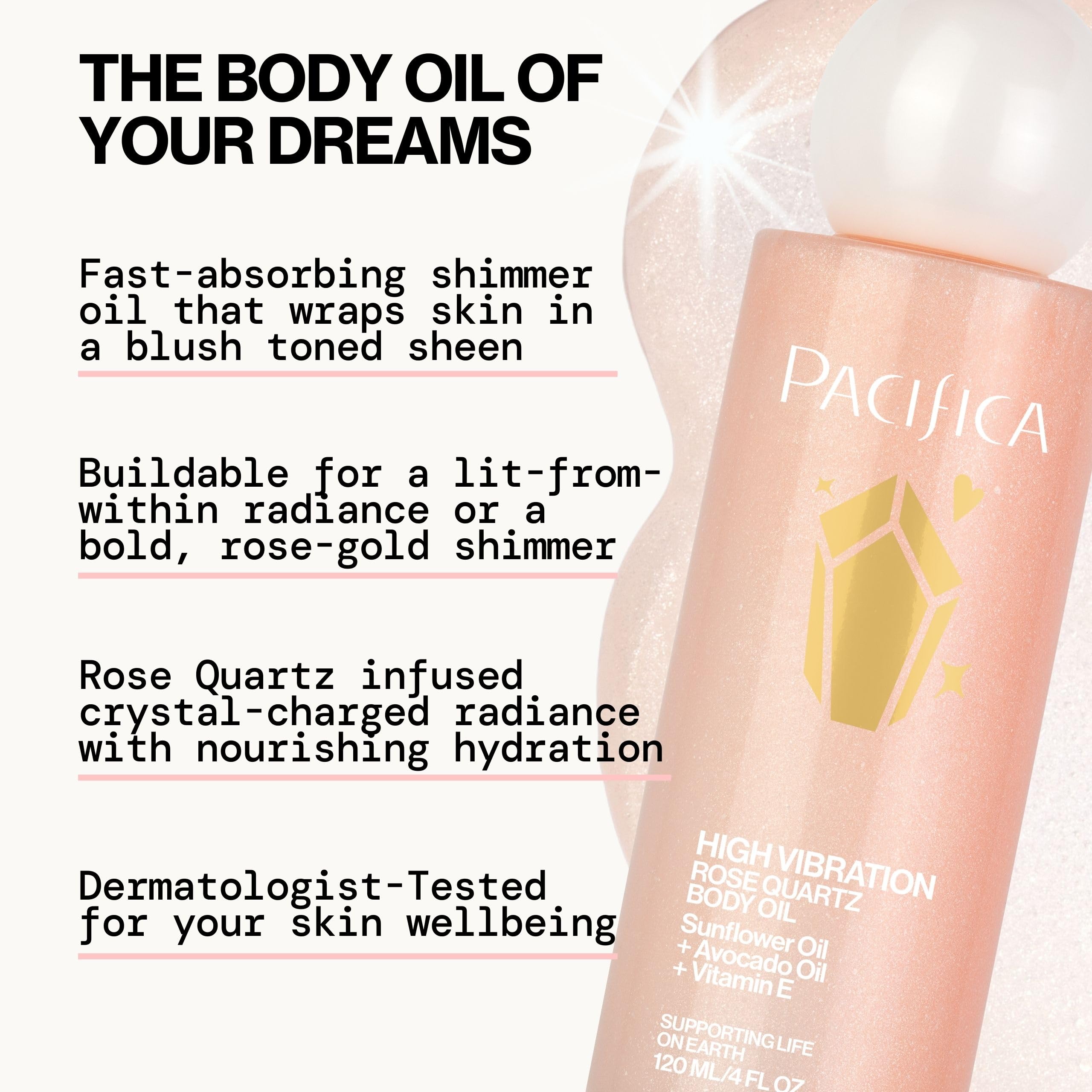 Pacifica Rose Quartz Body Oil – High Vibration Hydrating Body Oil with Natural Plant Oils & Rose Quartz Crystals, Moisturizing & Nourishing, Vegan & Cruelty-Free, Clean Beauty, Floral Scent, 4 oz