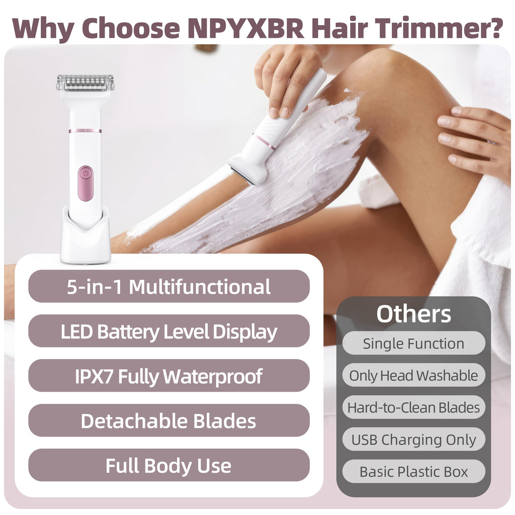 5-in-1 Bikini Trimmer for Women: Mothers Day Gifts, Travel Essentials, IPX7 Waterproof Electric Shaver Razor, Rechargeable Body Hair Removal with LED Display, 5 Replacement Ceramic Blade Heads