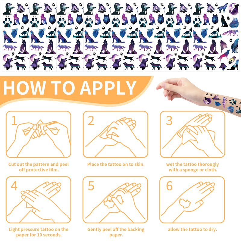 Wolf Party Temporary Tattoos - 200+ Animal Themed Tattoos Birthday Party Favors Supplies Decorations, Beautiful Starry Sky Wolves Body Art