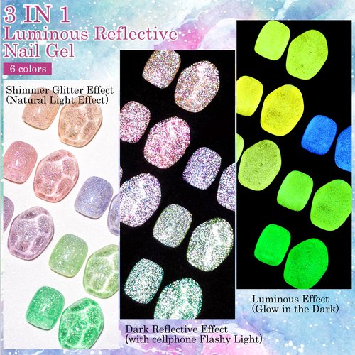MEET ACROSS Glow in Dark Gel Nail Polish, 6 Colors Luminous Glitter Gel Polish Set, Reflective Glitter Gel Polish Manicure Kit, Purple Pink Green Sparkly Gel Nail Kit Gift for Beginners DIY at Home