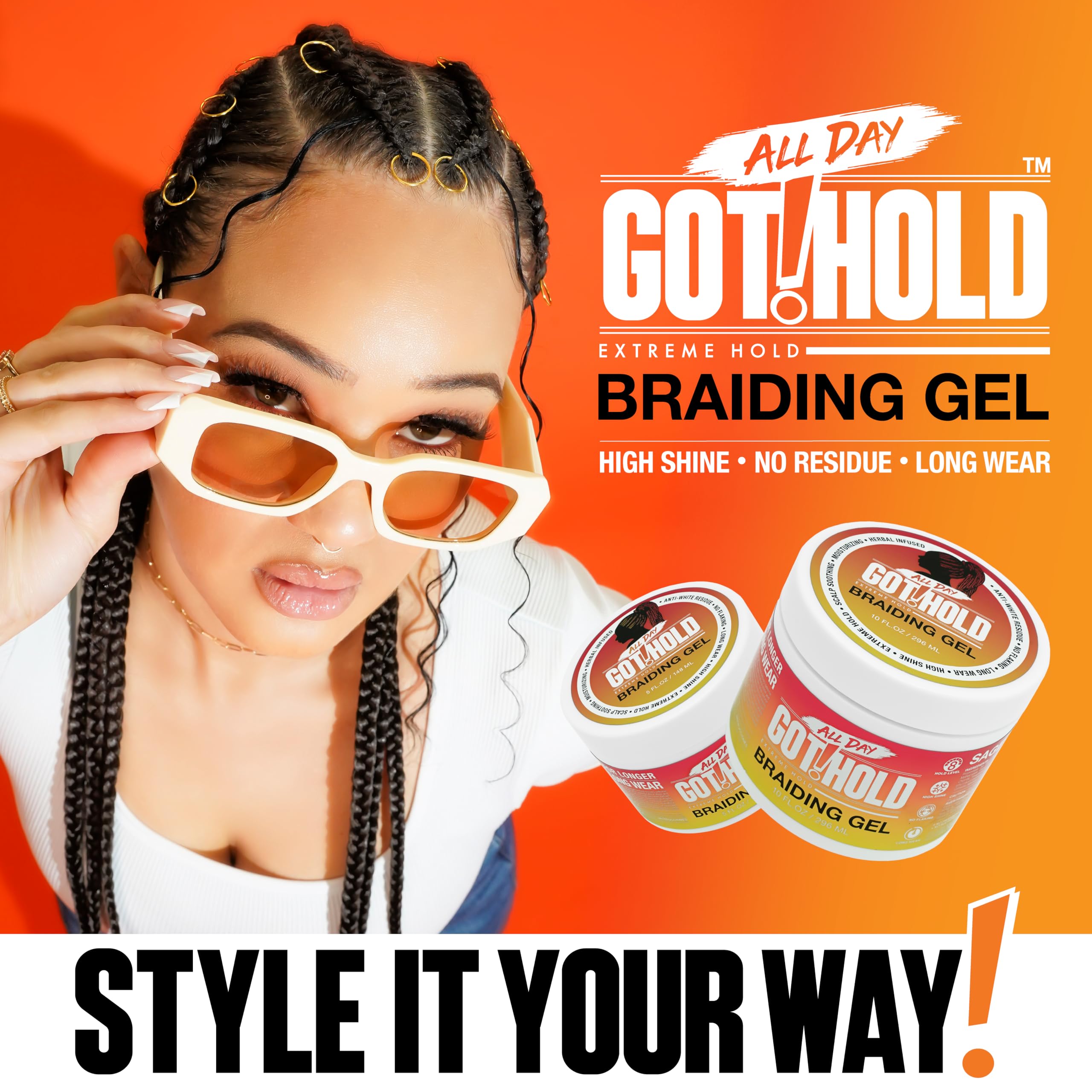 ALL DAY GOT HOLD Braiding Gel for Natural Hair Extreme Hold, Hydrating & Frizz-Free, Sage Extract, No Flaking or Drying, High Shine for Braids, Twists, Cornrows, 5oz