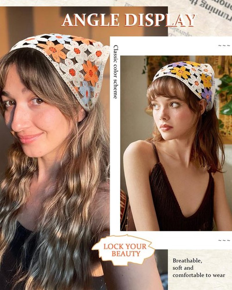 CHLINS 2 PCS Crochet Bandanas Floral Bandana Headband Tie Knitted Headscarf Hair Bandanas for Women Girls Head Kerchief (Flower (orange blue + purple yellow))