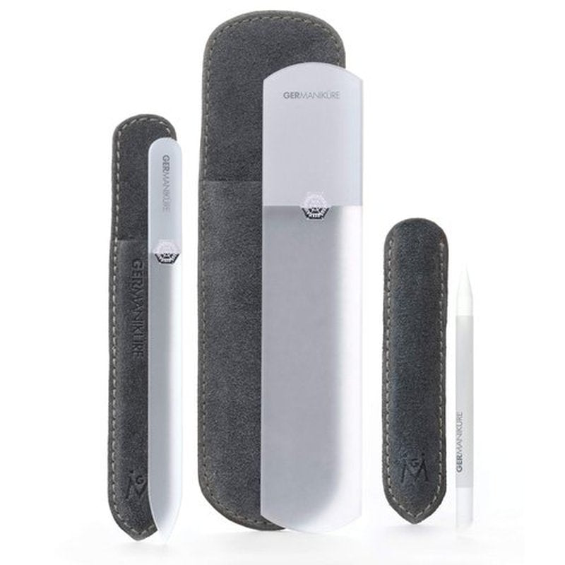 GERMANIKURE Glass Nail File Set in Fitted Cases- Ethically Made in Czech Republic - Professional Permanently Etched Fingernail File, Small Travel File, Cuticle Remover Stick