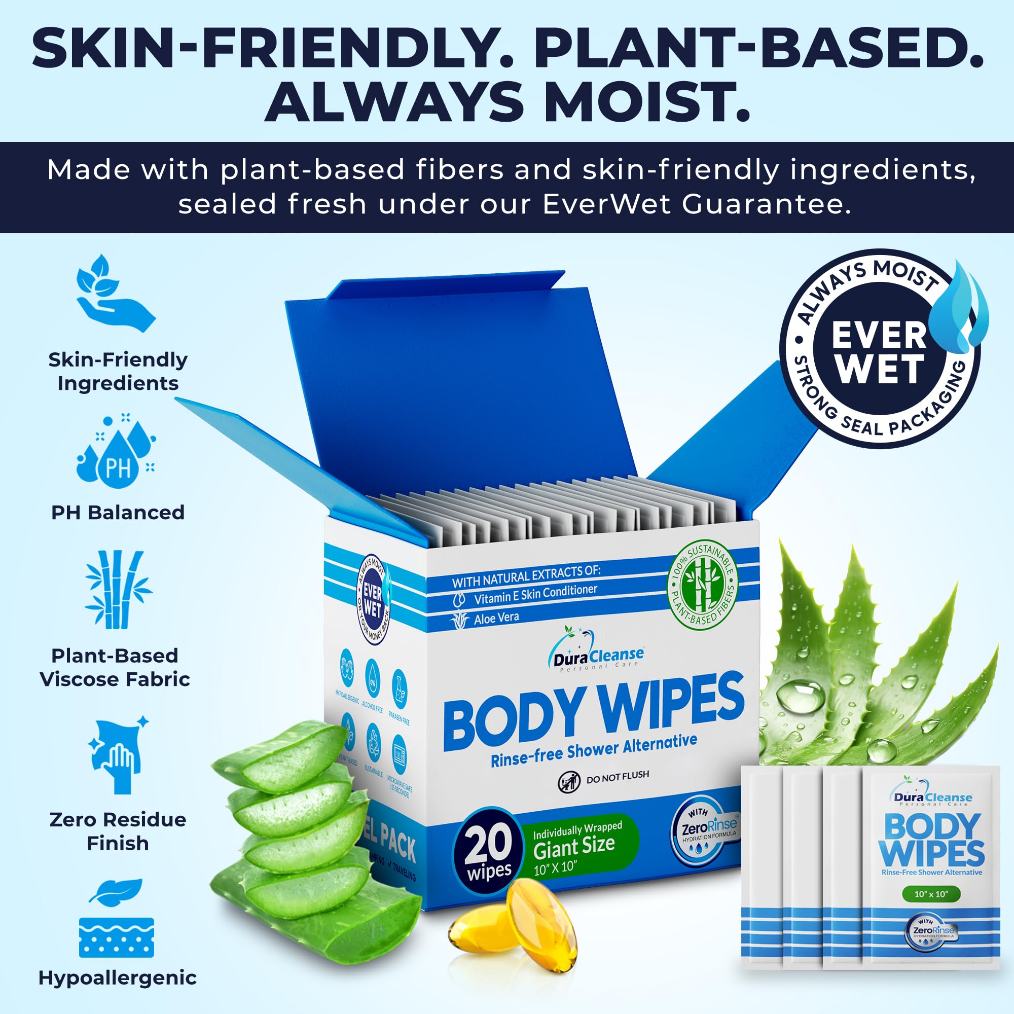 Body Wipes for Adults Bathing No Rinse - 20 Count Travel Shower Wipes - 10 x 10" Individually Wrapped Thick Cleansing Waterless Wash Scrubs - Disposable Washcloths for Camping & Elderly Incontinence