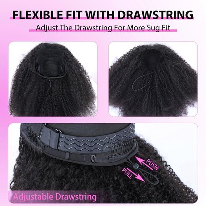Half Wig Human Hair Afro Kinky Curly Wigs for Black Women 200 Density Glueless Wigs 100% Human Hair Ready to Go 3 In 1 Seamless Flip Over Drawstring Headband Wig for Women Clip in No Sew In 18 Inch