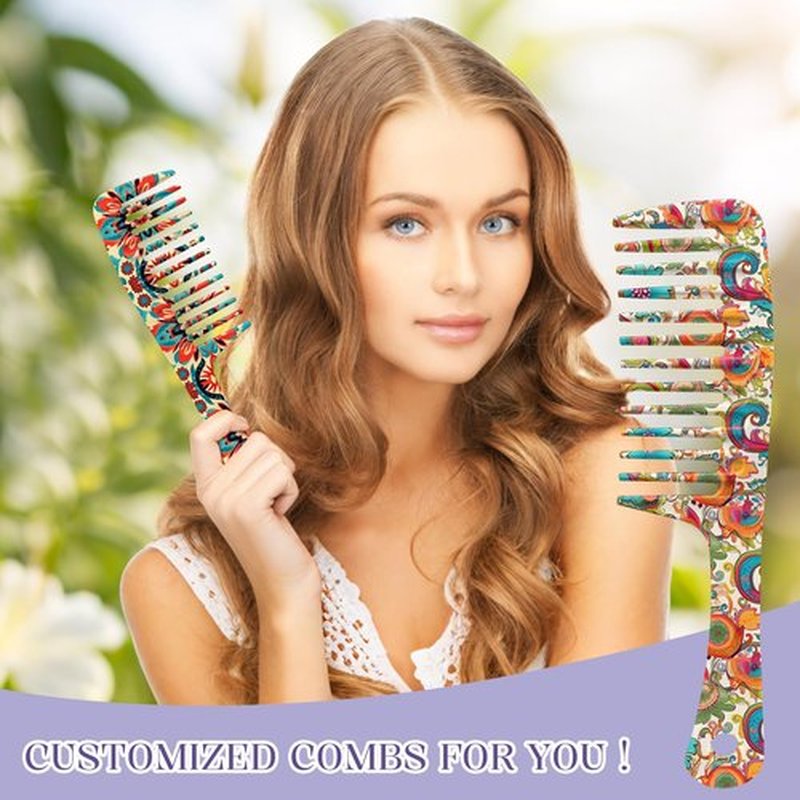 GABraden 2PCS Wide Tooth Comb,Effortless Tangle Removal for Long Hair Styling Comb for Curly,Wet,Cute Aesthetic Design for Women Men and Girls(Orange-Bohemia-20)