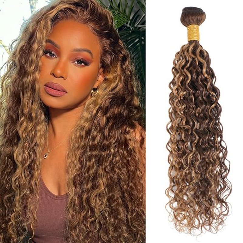 ALHER Honey Blonde Highlight Water Wave Bundles 22 Inch P4/27 Ombre Single Bundles Wet and Wavy Bundles Human Hair Highlight Brown Color 12A 100% Brazilian Virgin Remy Hair for Black Women