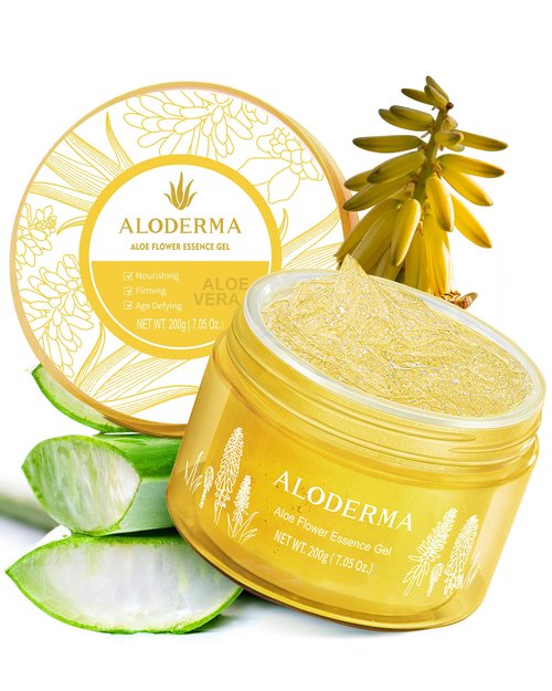 Aloderma Age-Defying 24K Gold Leaf Aloe Flower Essence Gel, Made within 12 Hours of Harvest - Luxurious Aloe Gel with Allantoin & Hyaluronic Acid for a Glowing, Shimmering, Youthful Complexion, 7oz