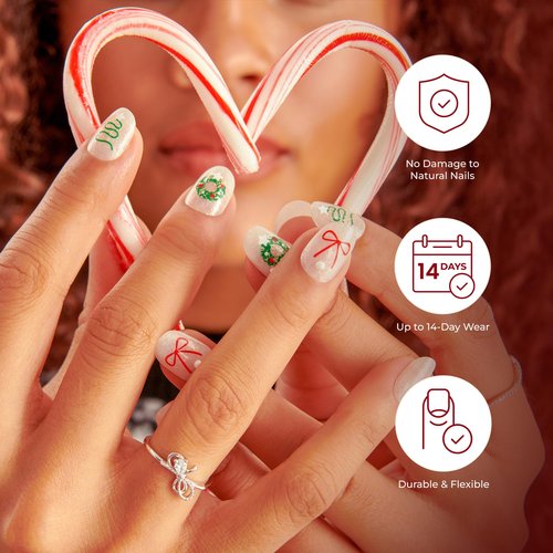 KISS Voguish Fantasy Holiday Press On Nails Almond, ‘Carol for You’, Red, Medium, No Damage To Natural Nails, Pink Gel Nail Glue (2g), Mini Nail File, Manicure Stick, & 28 Fake Nails