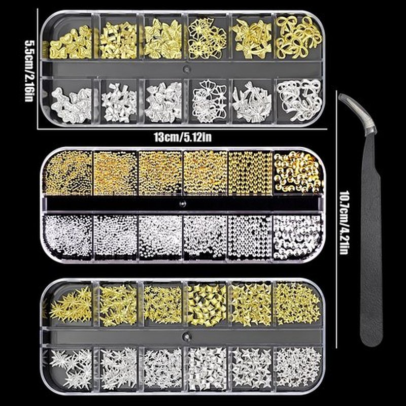 3D Metal Punk Nail Studs, Gold Silver Star Bows Nail Art Charms, Alloy Manicure Decoration DIY Charms for Nail Art Decoration Accessories (Gold + Silver F)
