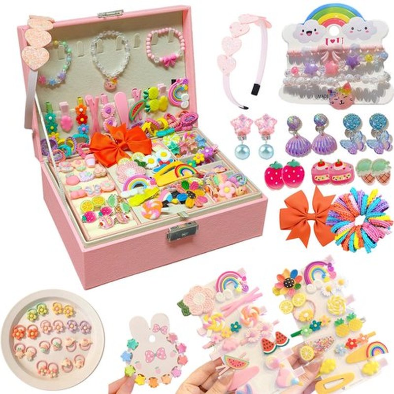 Jewelry Box with Hair Accessories for Girls, Hair Clips/Barrettes/Hair Ties/Bows/Toy Rings/Bracelets/Earrings/Hair Ropes/Hair Elastics, Gift Toys for Teen, Girls aged 4 5 6 7 8-12