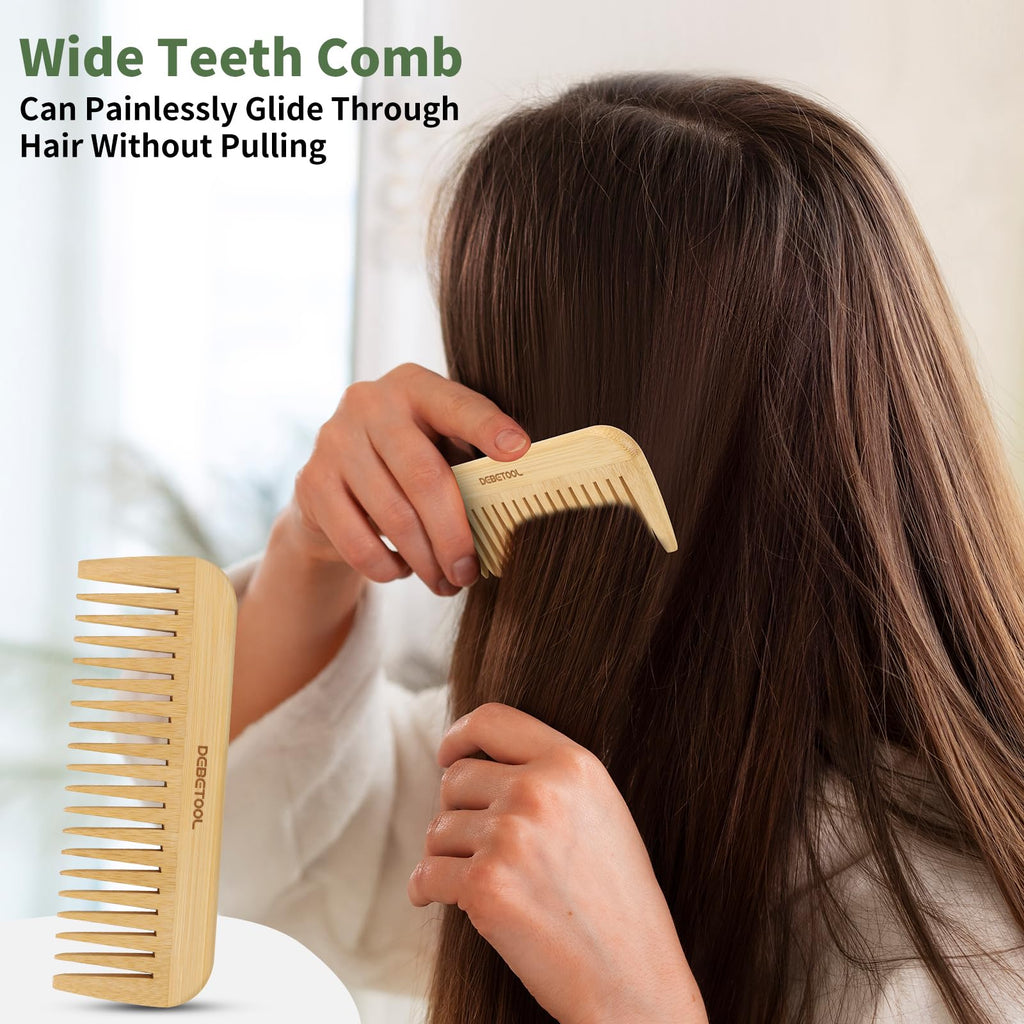 DEBETOOL 5 Pieces Bamboo Comb Set - Natural Wooden Combs for Women Hair Growth, Anti-Static Wood Comb for Curly/Thick Hair Daily Use