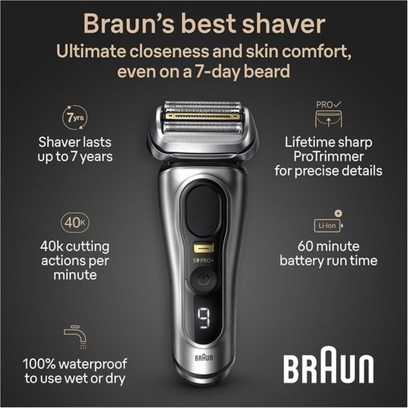 Braun Series 9 PRO+ Electric Razor - 5 Pro Shave Elements & Precision Trimmer | Wet & Dry, 60min Runtime