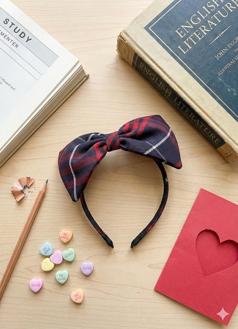 ClassExceed School Headband, Plaid bow headband, back to school, available in variety of school plaids (Plaid 37 Classic Navy Red large plaid, Regular)