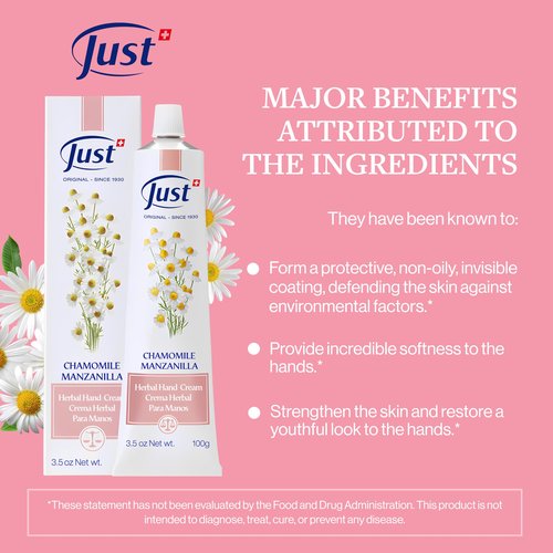 SwissJust Chamomile Hand Cream 100ml, Protecting Cream that Concentrates the Comforting & Relaxing Properties of Chamomile. Strengthens the skin, Provides Elasticity & Restores Anti Aging Hand Cream