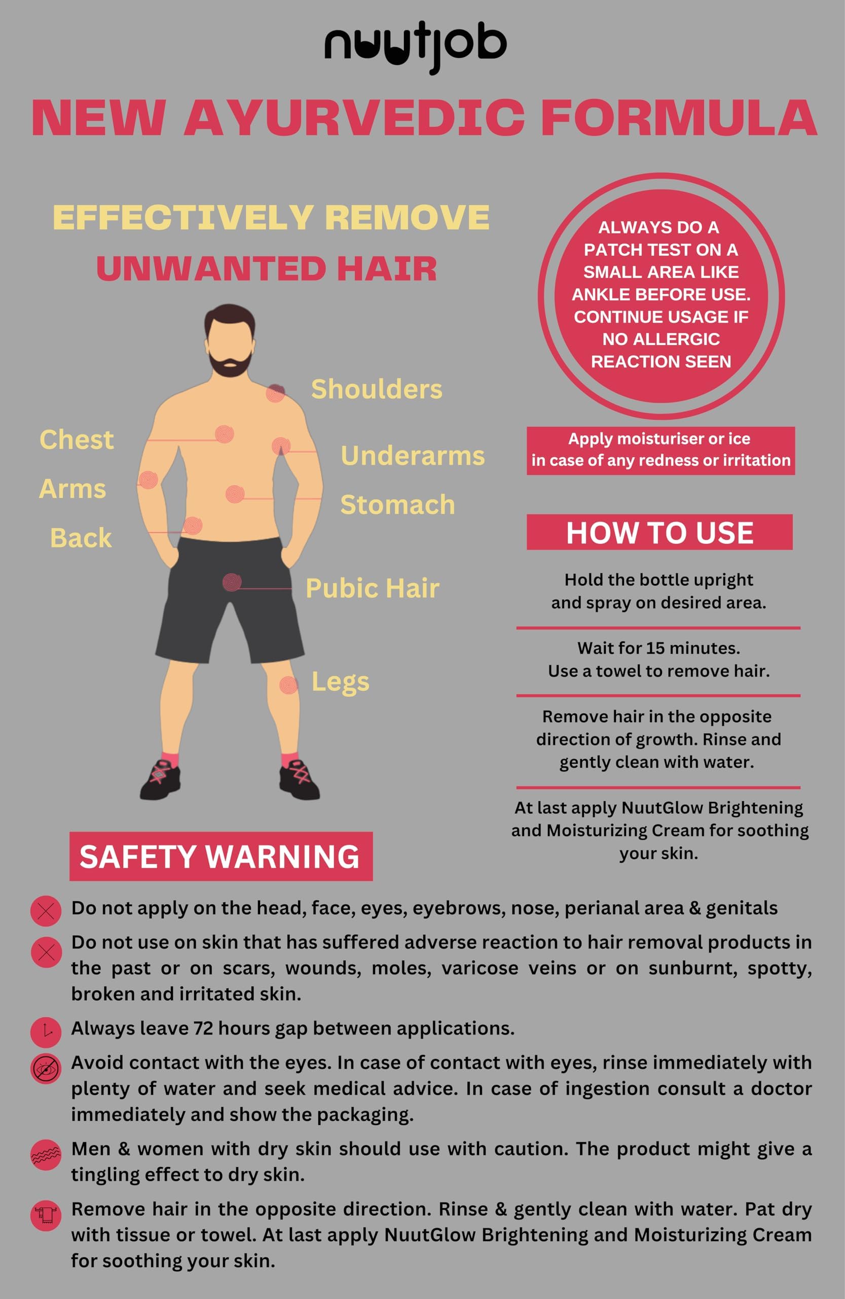Nuutjob Ayurvedic Intimate Hair Removal Spray | Painless Procedure | Quick & Easy Hair removal | All Skin Types | Unisex Adult, Men, Women | 3.38 fl oz