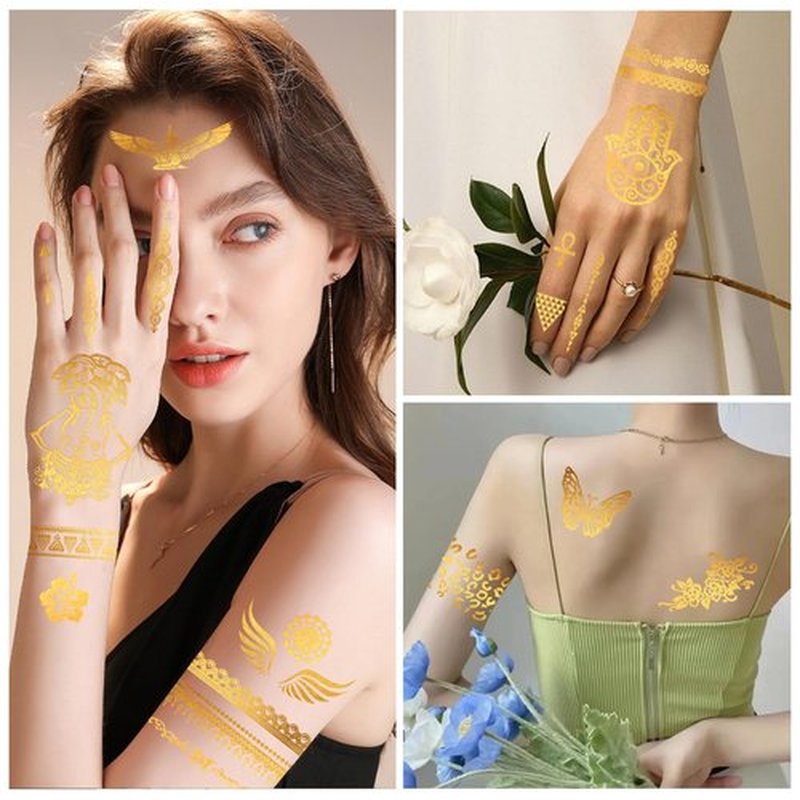 Konsait 9 Sheets Metallic Gold Temporary Tattoos for Women & Girls - Elegant Lion, Turtle, Floral, Butterfly & Elephant Designs for Parties, Cosplay, Festivals, Face & Body Art