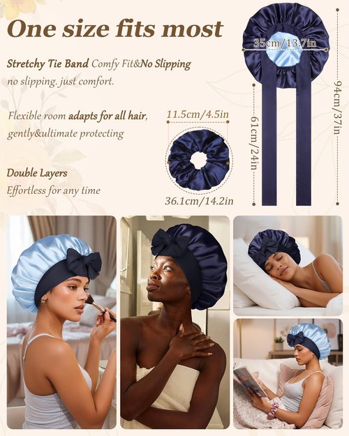 Reversible Satin Bonnet for Sleeping Women Silk Double Layer Hair Cap with 2PCS Scrunchies Elastic Tie Band Night Cap Wrap for Natural Curly Hair (Navy Blue + Light Blue)