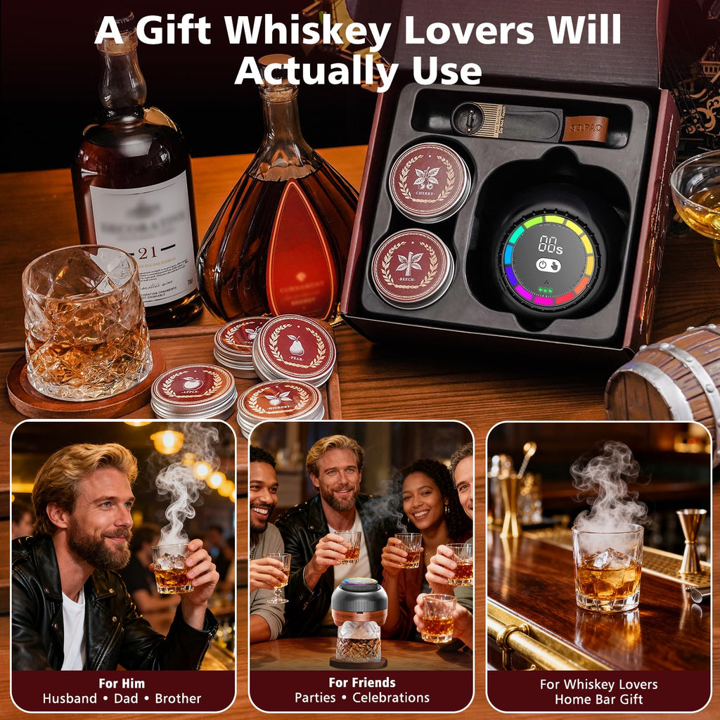 Electric Whiskey Smoker Kit with Adjustable 60-Second Smoke Control – Flame-Free & No Butane Needed, Rechargeable Cocktail Smoker for Old Fashioned, Includes 6 Wood Chip Flavors, Bourbon Gift for Men