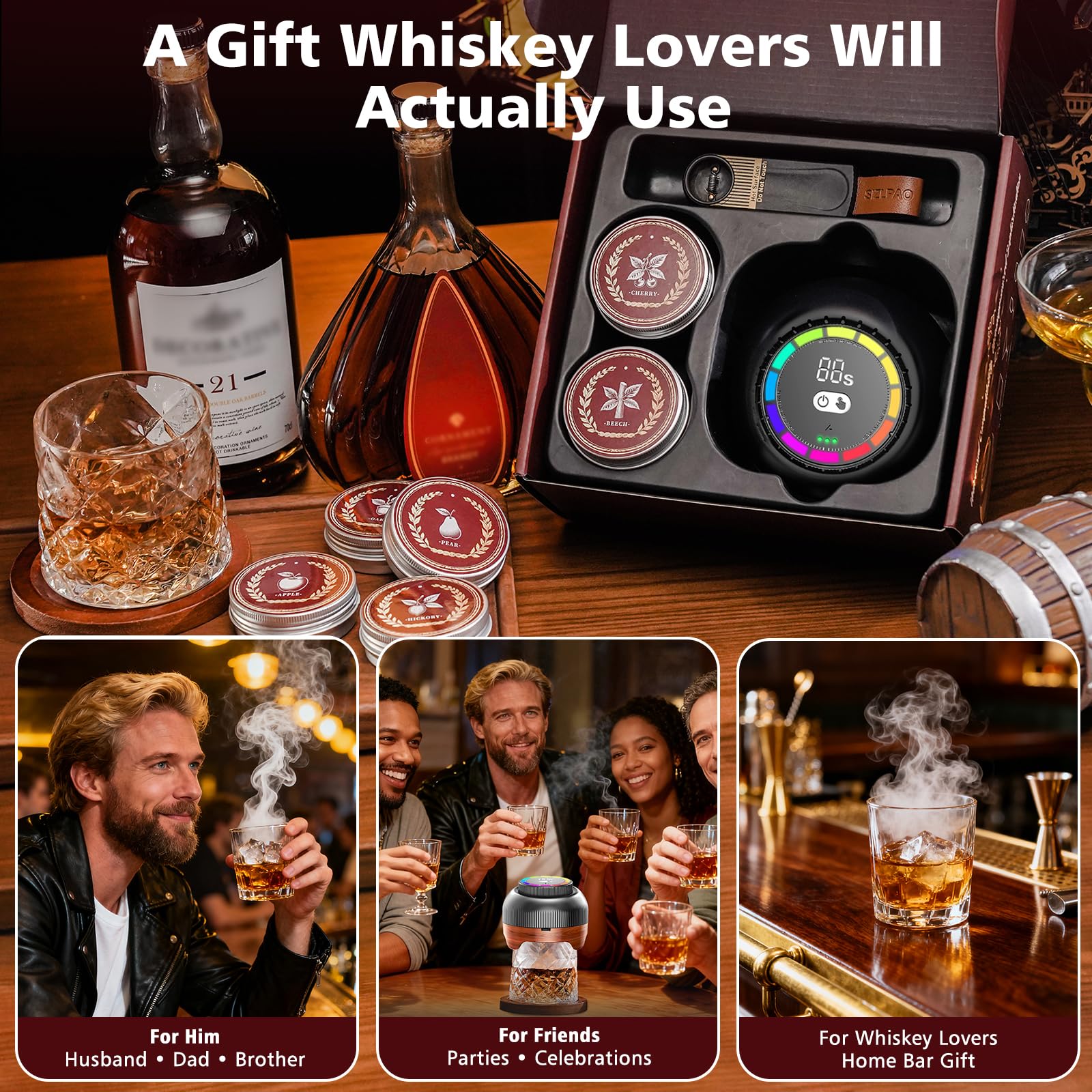 Electric Whiskey Smoker Kit with Adjustable 60-Second Smoke Control – Flame-Free & No Butane Needed, Rechargeable Cocktail Smoker for Old Fashioned, Includes 6 Wood Chip Flavors, Bourbon Gift for Men